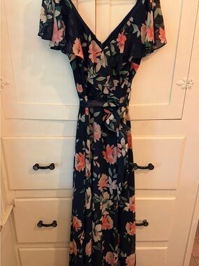 eliza j floral print halter dress navy Eliza J Navy Blue Floral Print Tiered Chiffon Halter Swing Shift Dress Size 14